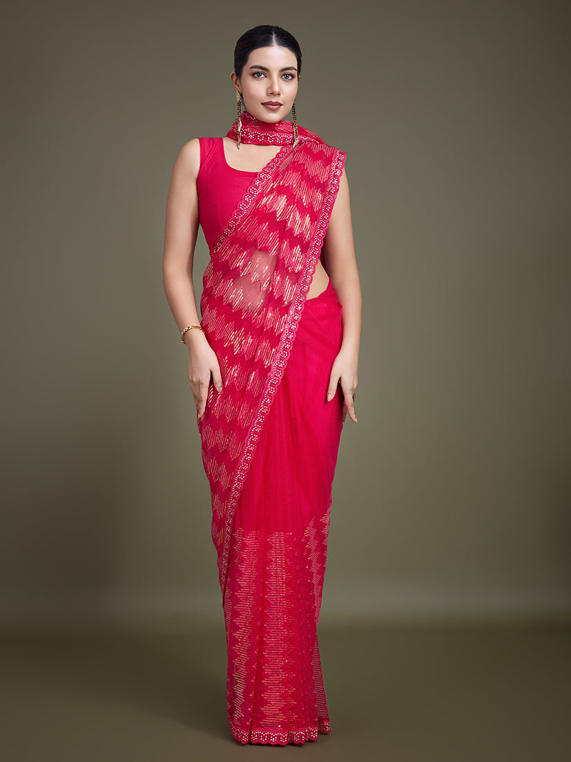 Monjolika Fashion Sequin Dark Pink Color Net Ultimate Party Wear Fashion Saree | Grocsy