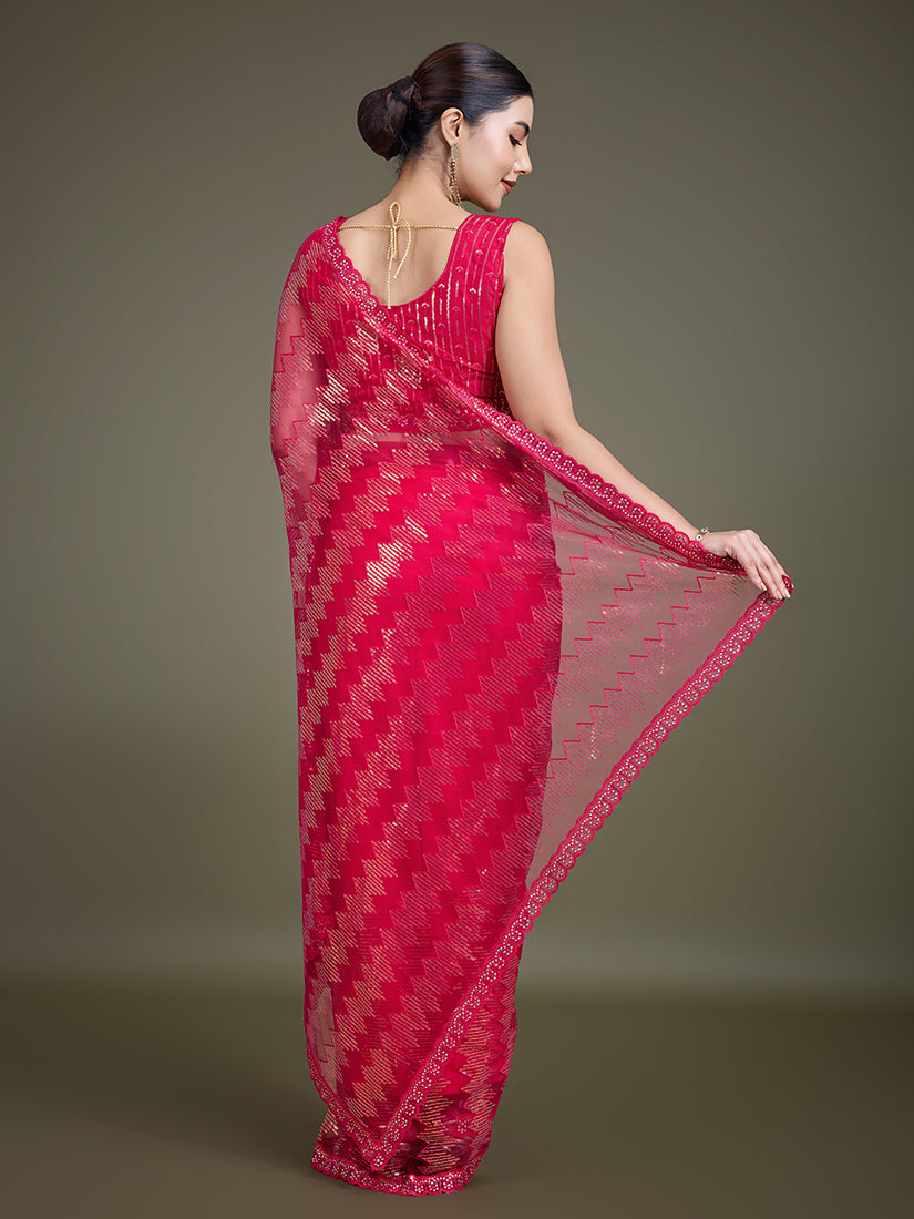 Monjolika Fashion Sequin Dark Pink Color Net Ultimate Party Wear Fashion Saree | Grocsy