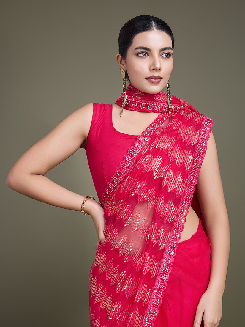 Monjolika Fashion Sequin Dark Pink Color Net Ultimate Party Wear Fashion Saree | Grocsy