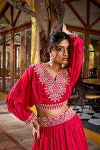 Lorenvalley Fashion Pink Vichitra Silk Thread Embroidery Work Lehenga Choli Co-ord Set | Grocsy