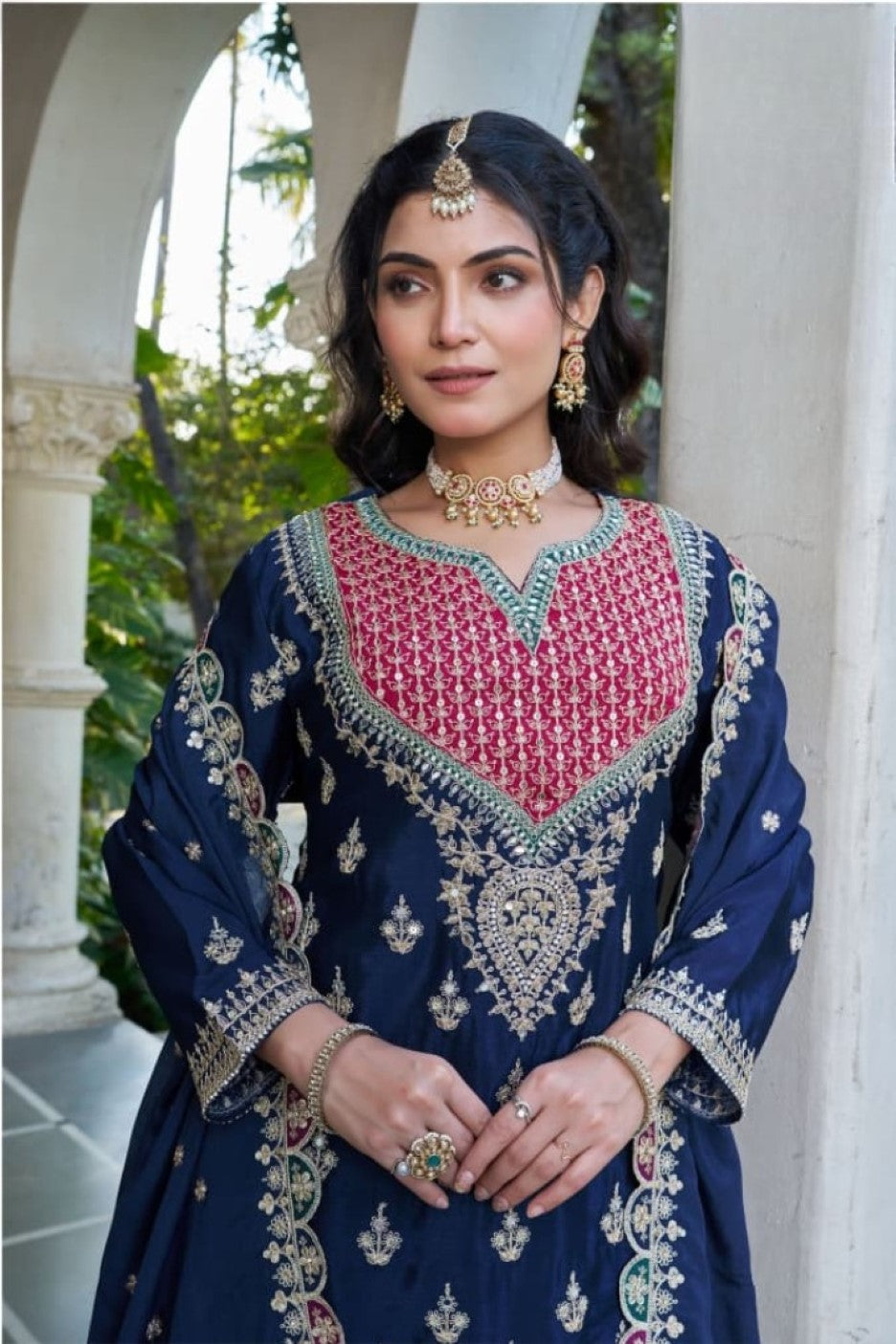 Anaita Navy Chinon Stitched Plazzo Suit With Dhaga & Sequence Work | Grocsy