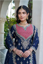 Anaita Navy Chinon Stitched Plazzo Suit With Dhaga & Sequence Work | Grocsy