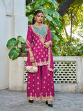 Anaita Hot Pink Chinon Stitched Plazzo Suit With Dhaga & Sequence Work | Grocsy