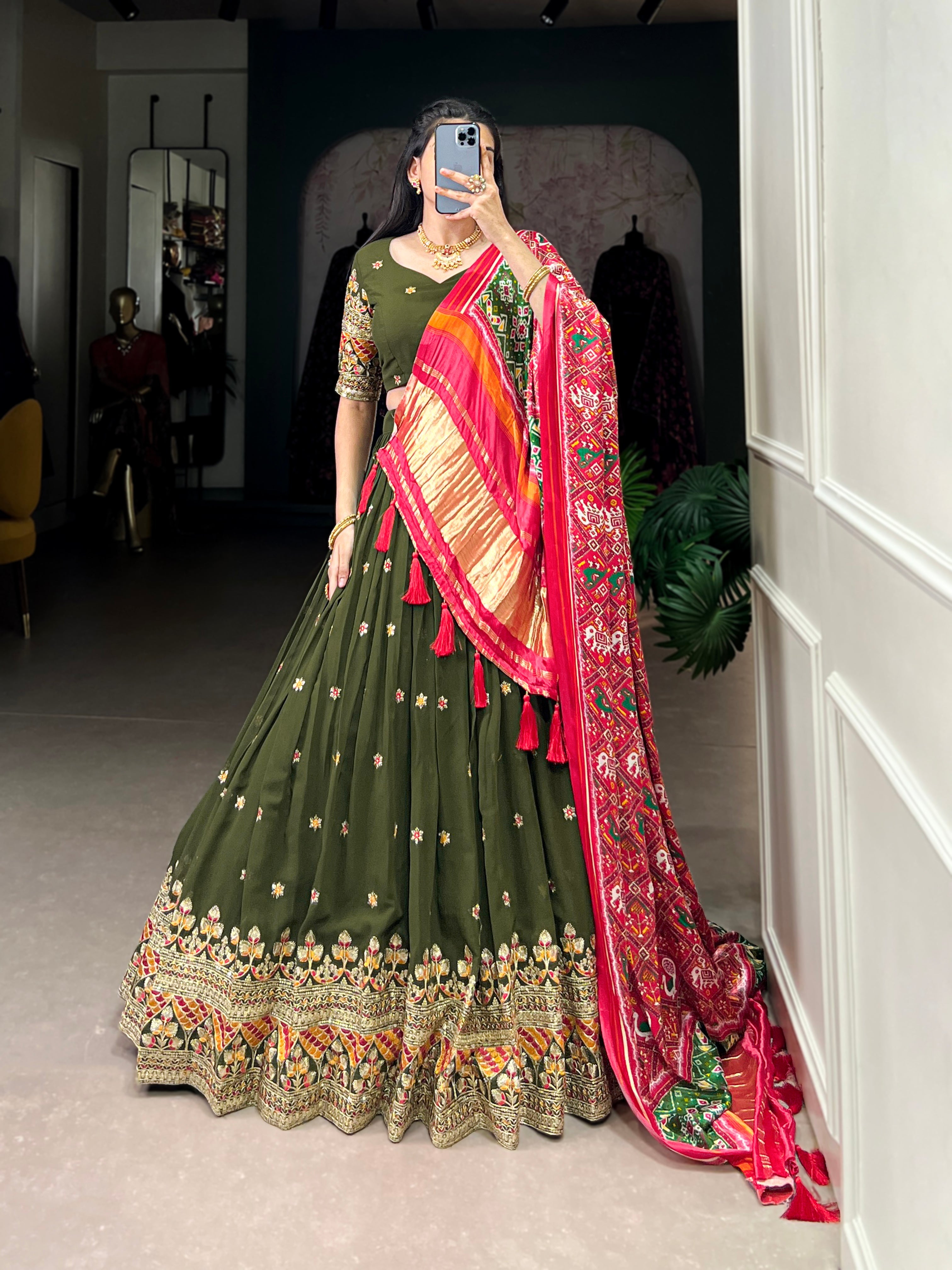 Lorenvalley Green Georgette Sequins and Thread Embroidery Work Lehenga Choli | Grocsy