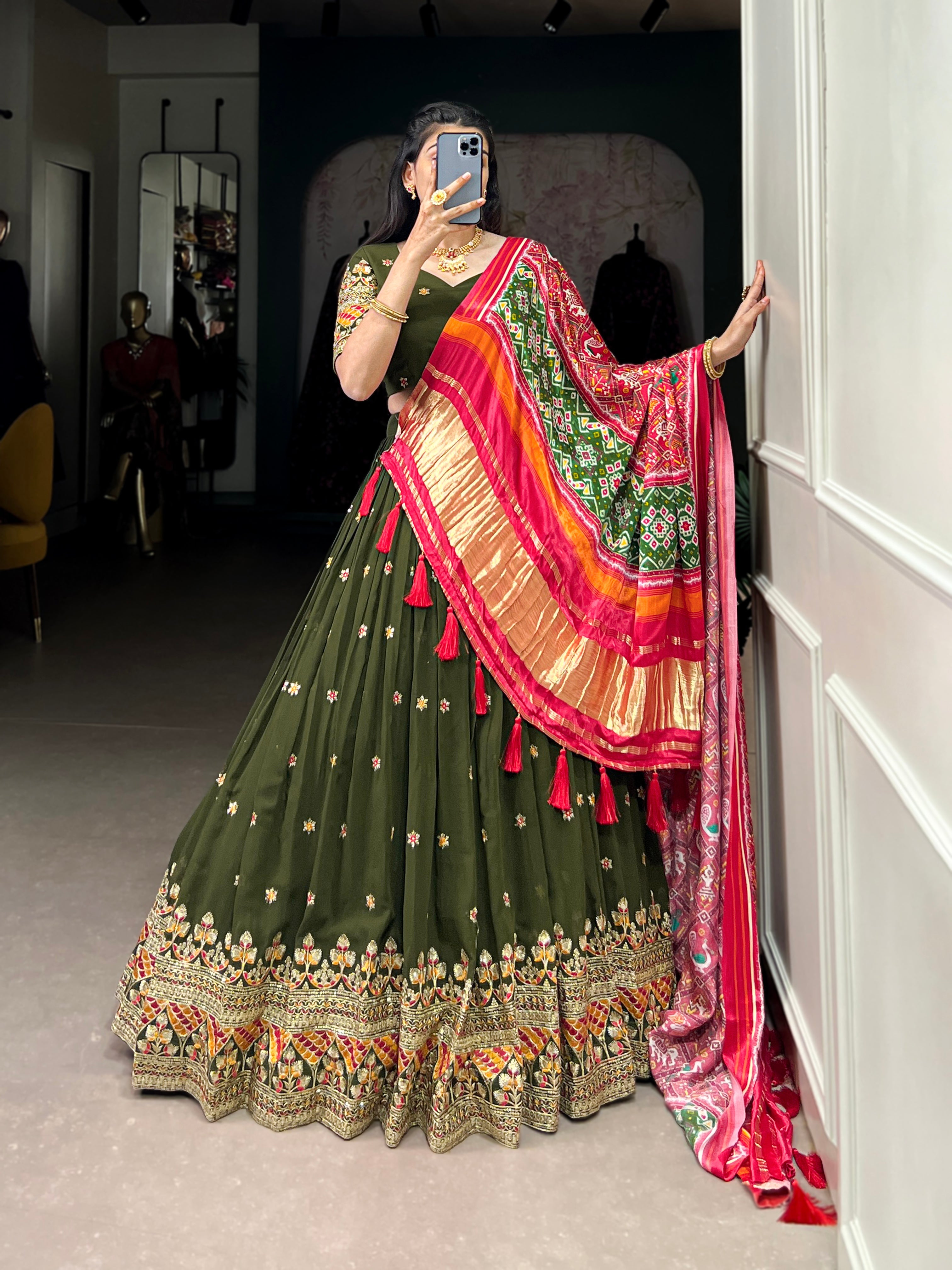 Lorenvalley Green Georgette Sequins and Thread Embroidery Work Lehenga Choli | Grocsy