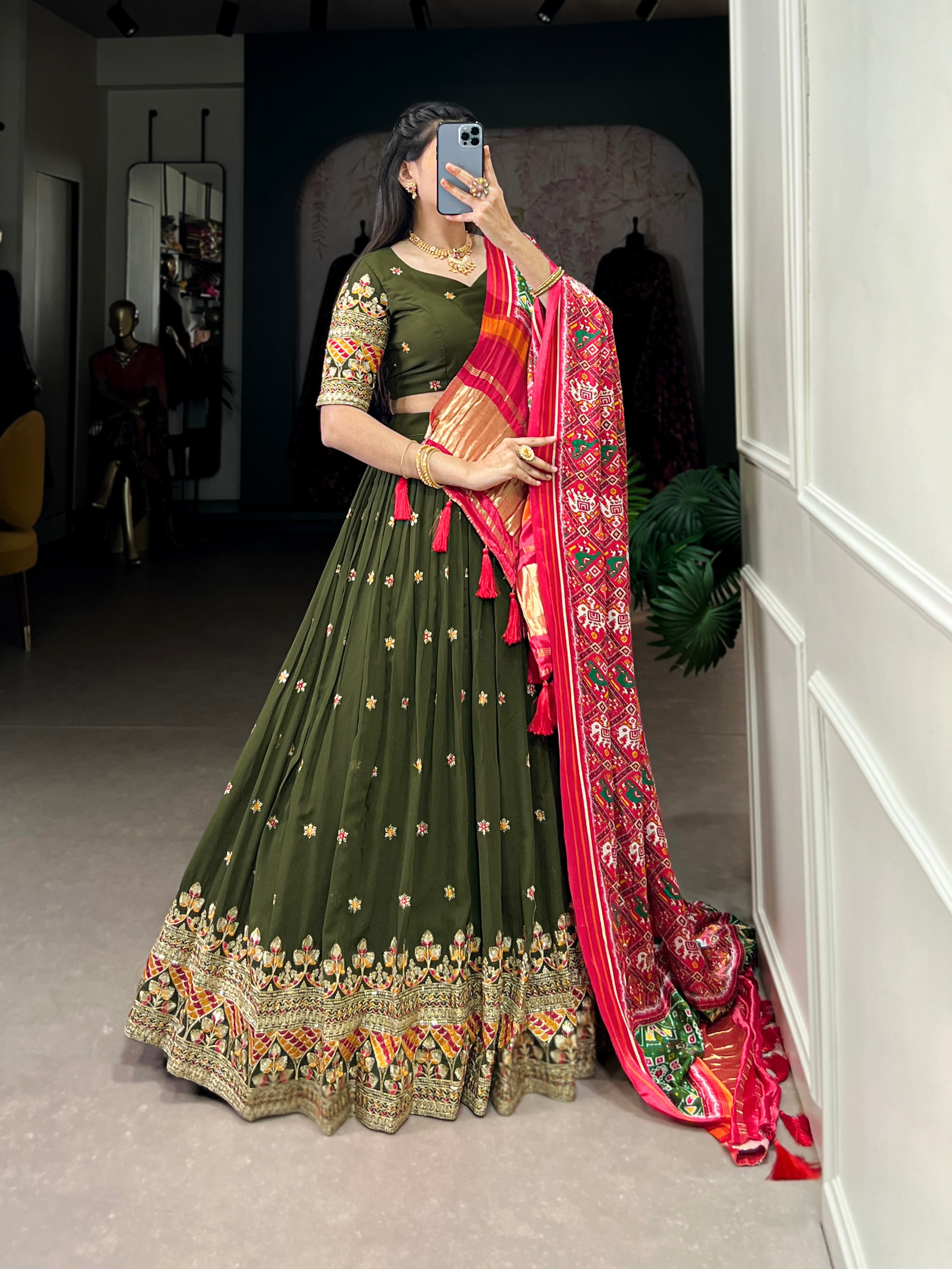 Lorenvalley Green Georgette Sequins and Thread Embroidery Work Lehenga Choli | Grocsy