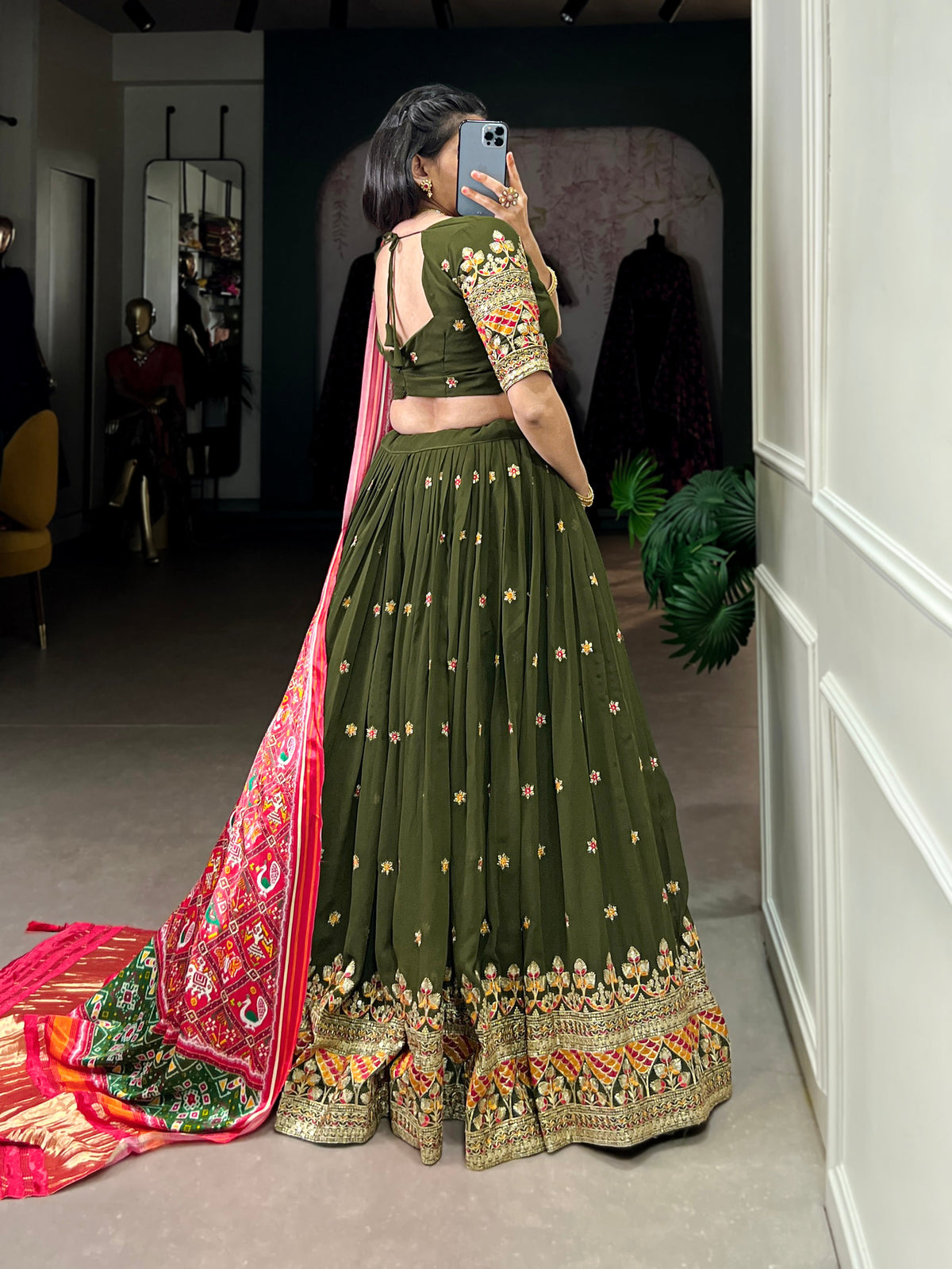 Lorenvalley Green Georgette Sequins and Thread Embroidery Work Lehenga Choli | Grocsy