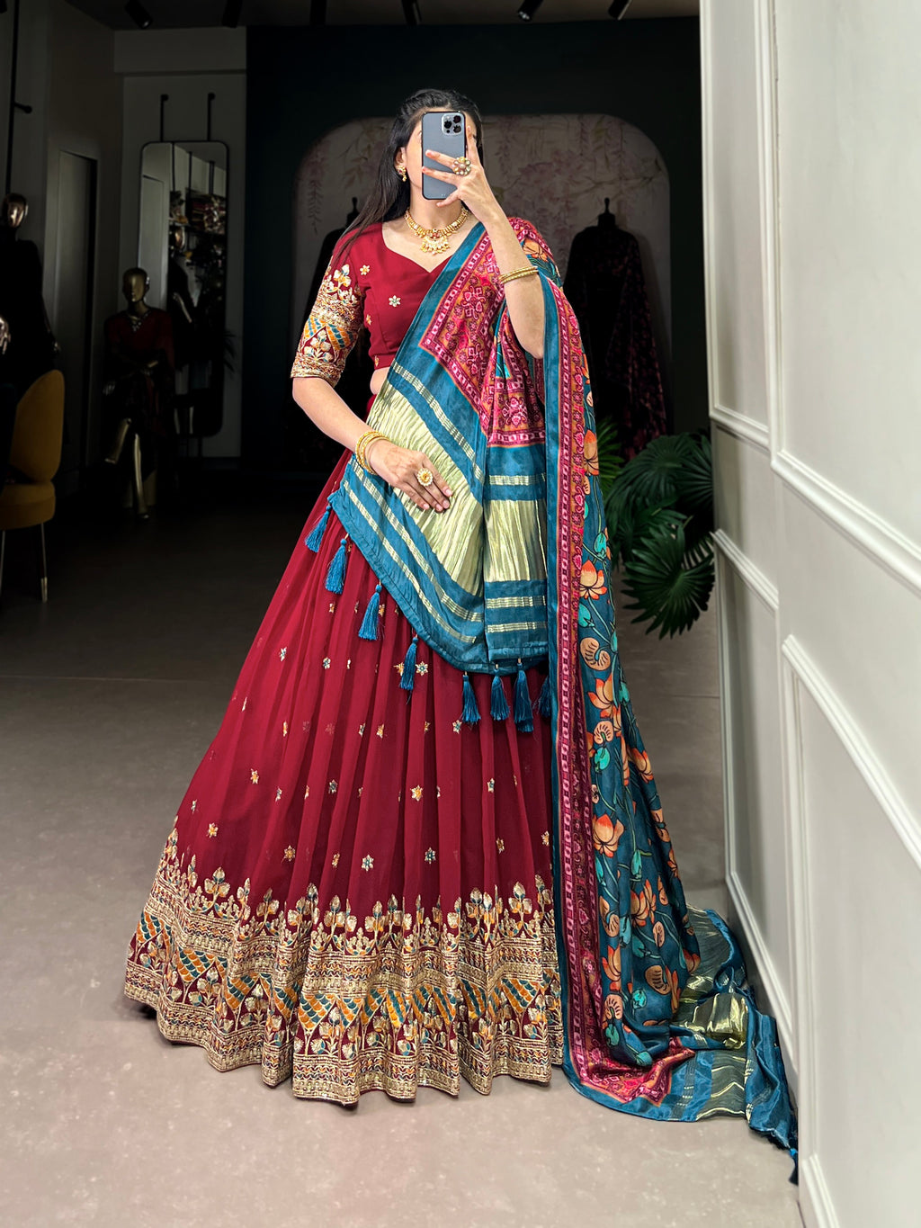 Lorenvalley Maroon Georgette Sequins and Thread Embroidery Work Lehenga Choli | Grocsy