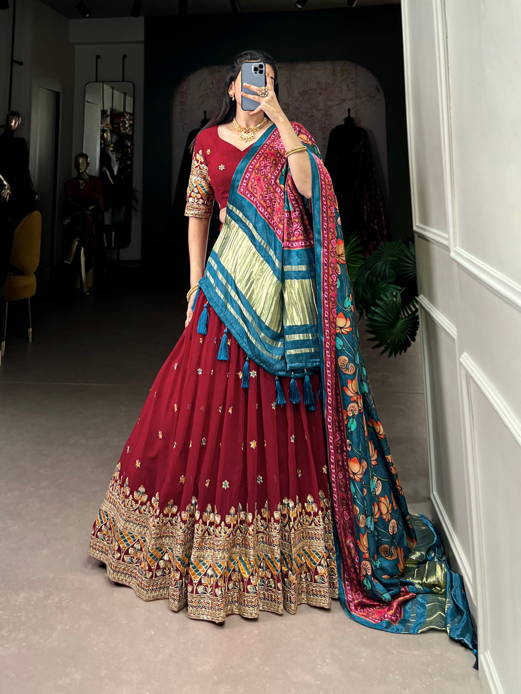 Lorenvalley Maroon Georgette Sequins and Thread Embroidery Work Lehenga Choli | Grocsy