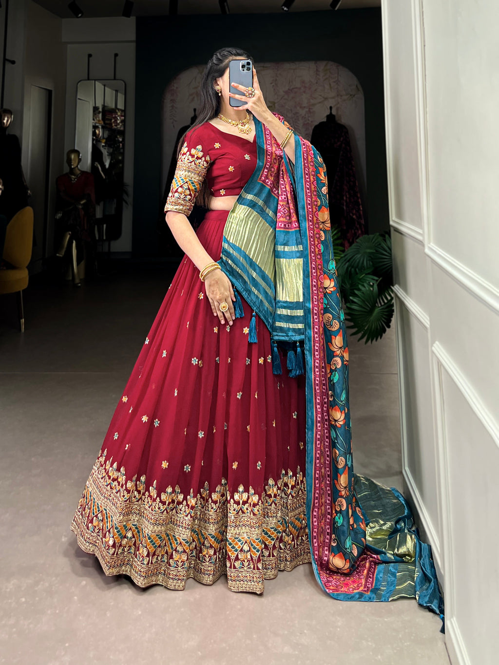 Lorenvalley Maroon Georgette Sequins and Thread Embroidery Work Lehenga Choli | Grocsy