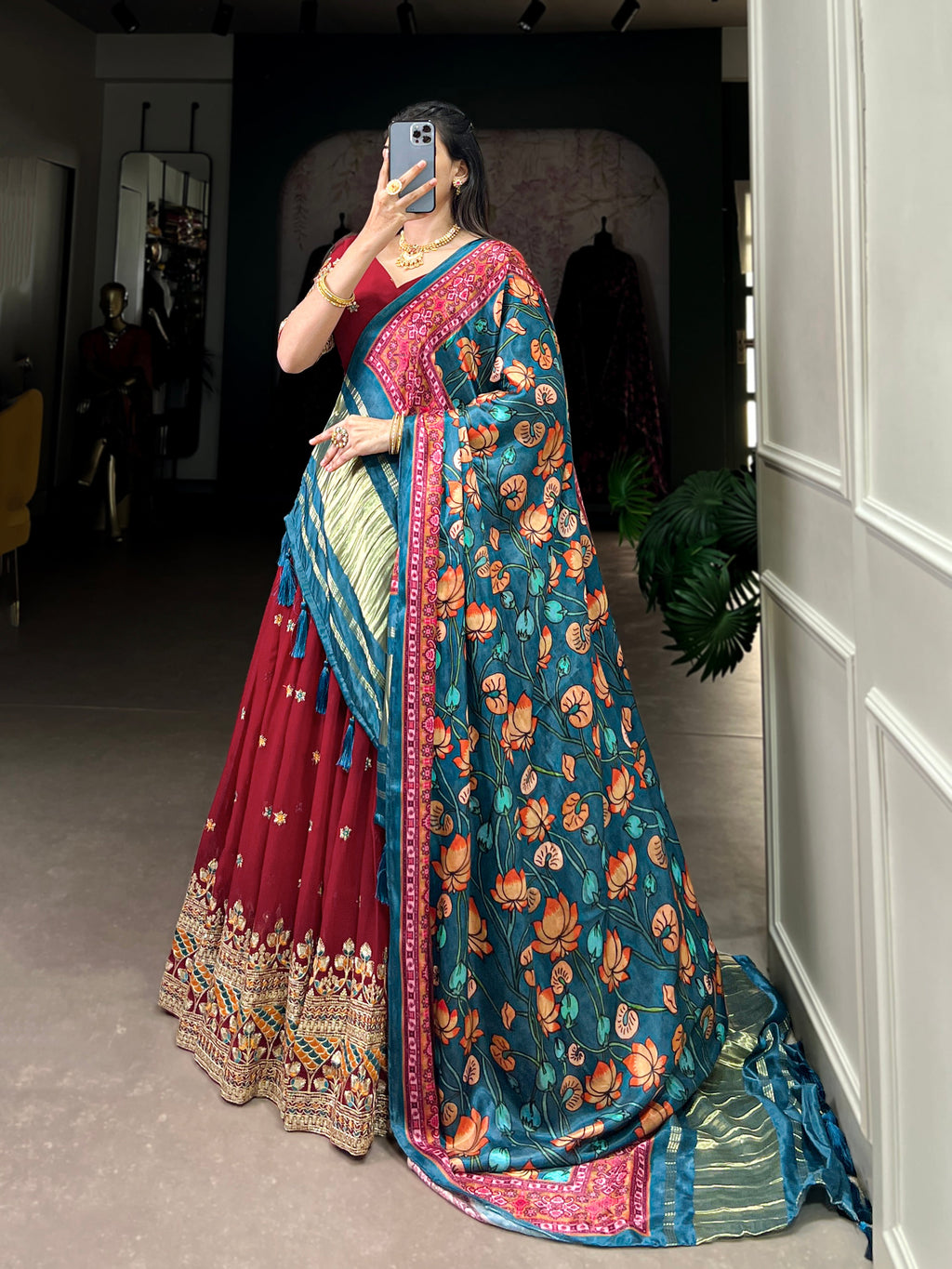 Lorenvalley Maroon Georgette Sequins and Thread Embroidery Work Lehenga Choli | Grocsy