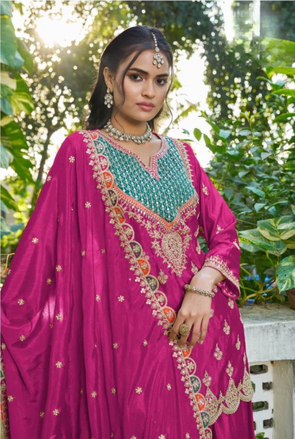 Anaita Hot Pink Chinon Stitched Plazzo Suit With Dhaga & Sequence Work | Grocsy