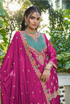 Anaita Hot Pink Chinon Stitched Plazzo Suit With Dhaga & Sequence Work | Grocsy