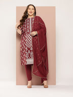 Sztori Plus-Size Gotta Patti Ethnic Motif Print Pure Cotton Kurta with Trousers & Dupatta | Grocsy