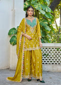 Anaita Mustard Chinon Stitched Plazzo Suit With Dhaga & Sequence Work | Grocsy