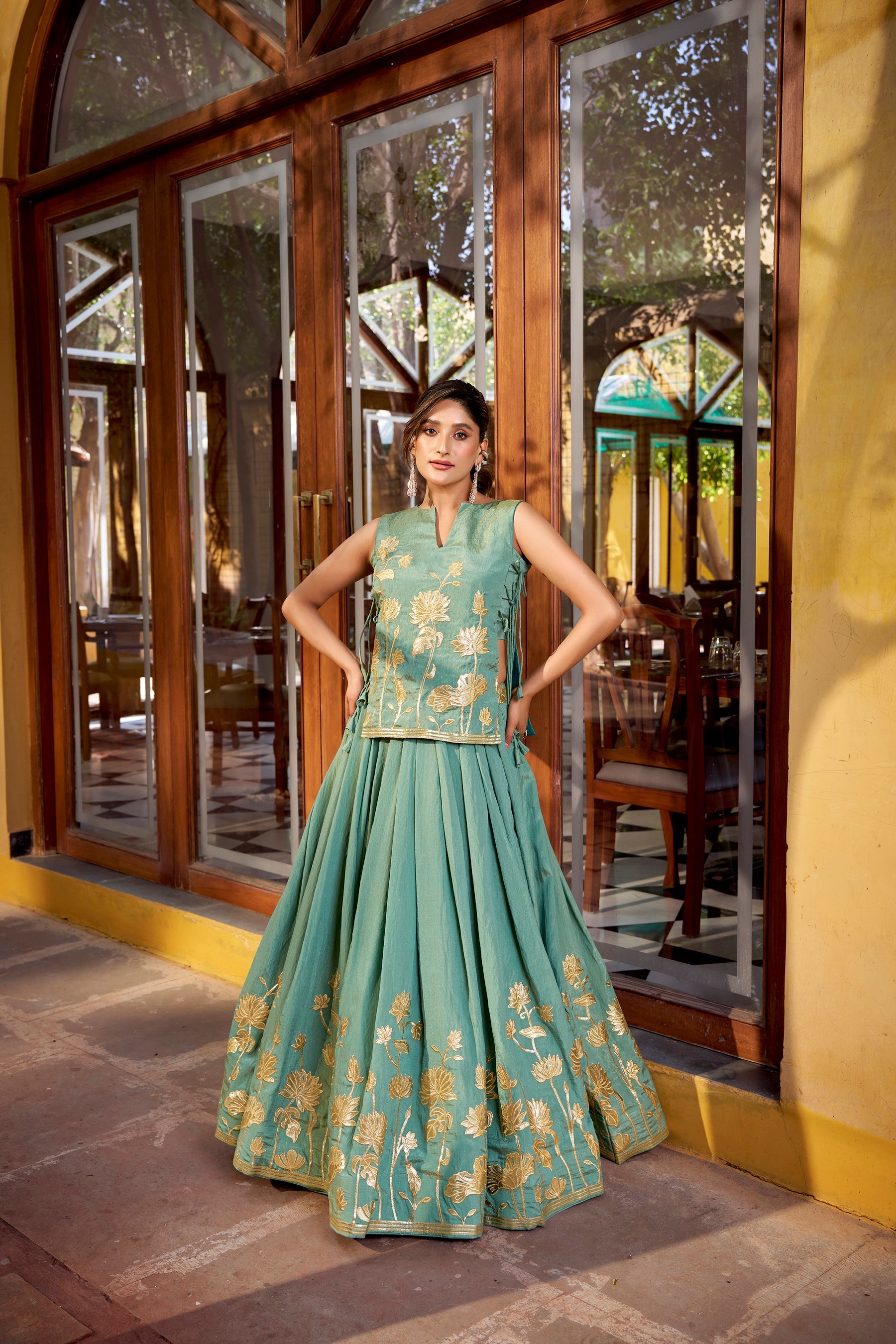 Lorenvalley Fashion Skyblue Pure Shimmer Thread Embroidery with Foil Work Lehenga Choli Co-ord Set | Grocsy