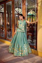 Lorenvalley Fashion Skyblue Pure Shimmer Thread Embroidery with Foil Work Lehenga Choli Co-ord Set | Grocsy