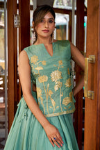 Lorenvalley Fashion Skyblue Pure Shimmer Thread Embroidery with Foil Work Lehenga Choli Co-ord Set | Grocsy
