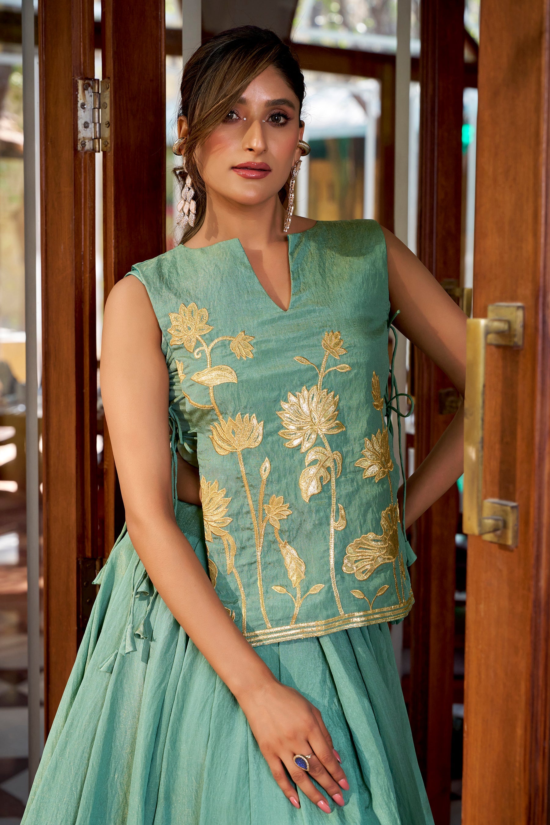 Lorenvalley Fashion Skyblue Pure Shimmer Thread Embroidery with Foil Work Lehenga Choli Co-ord Set | Grocsy