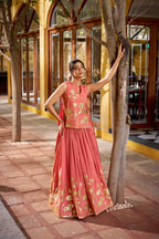 Lorenvalley Fashion Rust Pure Shimmer Thread Embroidery with Foil Work Lehenga Choli Co-ord Set | Grocsy