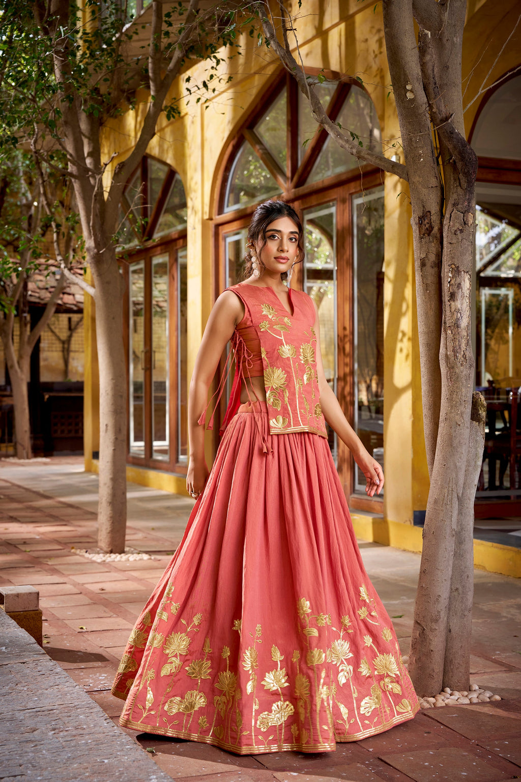 Lorenvalley Fashion Rust Pure Shimmer Thread Embroidery with Foil Work Lehenga Choli Co-ord Set | Grocsy