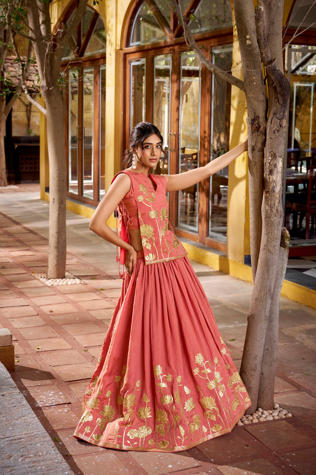Lorenvalley Fashion Rust Pure Shimmer Thread Embroidery with Foil Work Lehenga Choli Co-ord Set | Grocsy