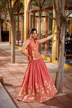 Lorenvalley Fashion Rust Pure Shimmer Thread Embroidery with Foil Work Lehenga Choli Co-ord Set | Grocsy