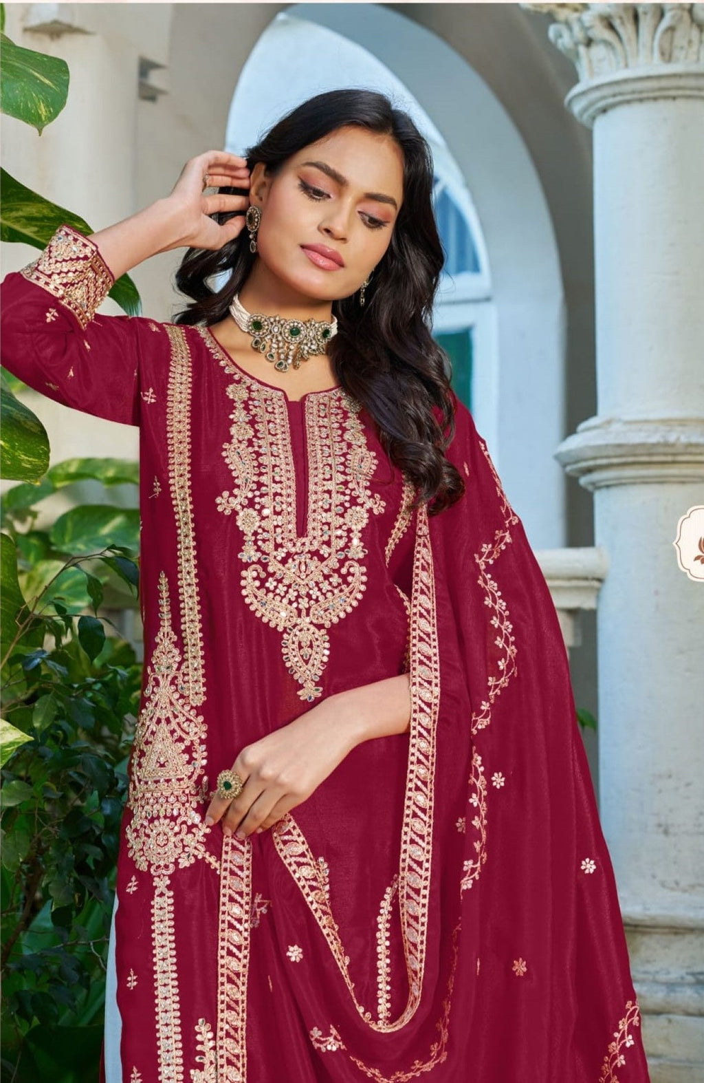 Anaita Maroon Chinon Stitched Plazzo Suit With Codding Dori & Sequence Work | Grocsy