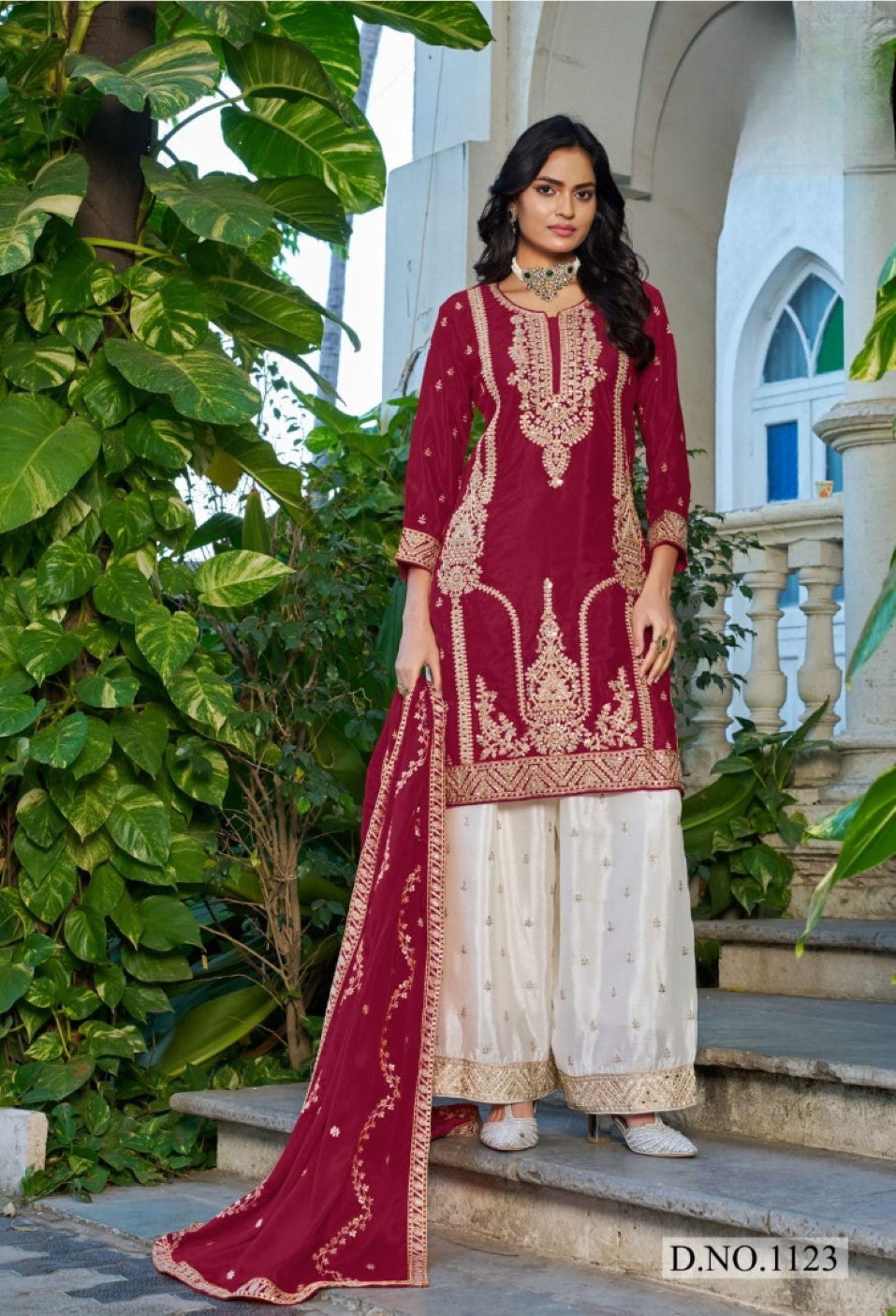 Anaita Maroon Chinon Stitched Plazzo Suit With Codding Dori & Sequence Work | Grocsy