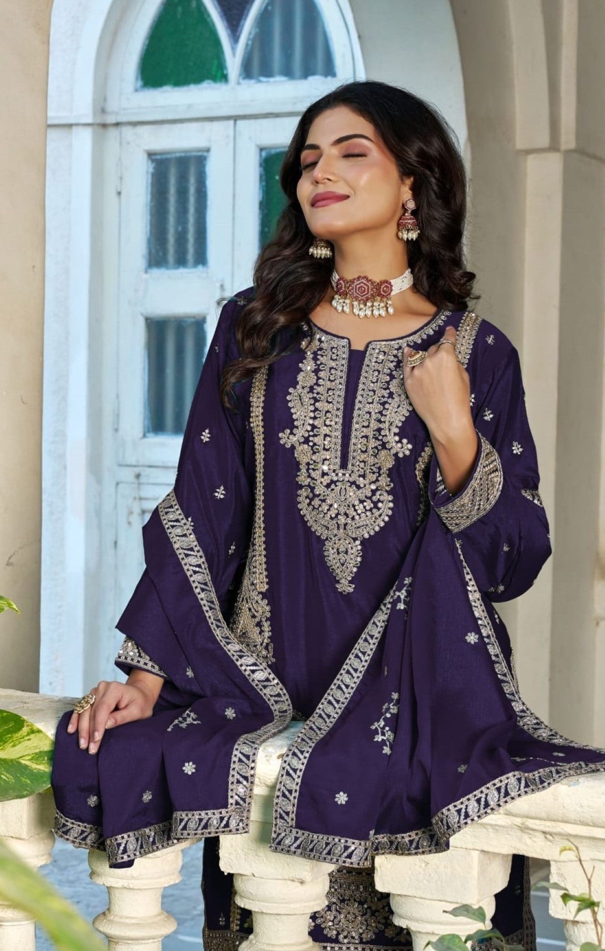 Anaita Violet Chinon Stitched Plazzo Suit With Codding Dori & Sequence Work | Grocsy