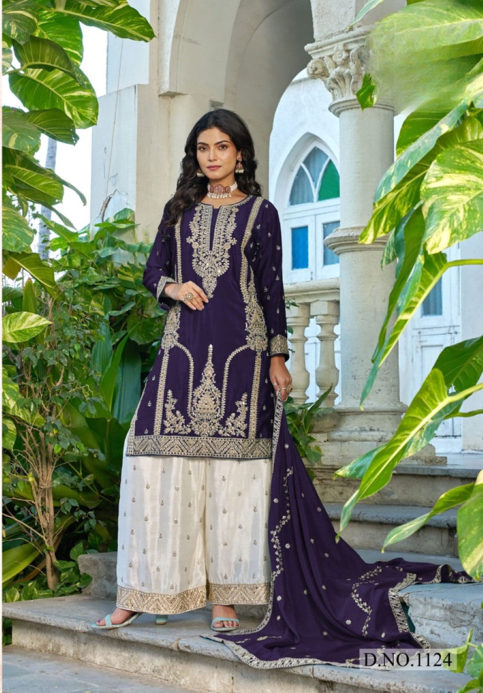Anaita Violet Chinon Stitched Plazzo Suit With Codding Dori & Sequence Work | Grocsy