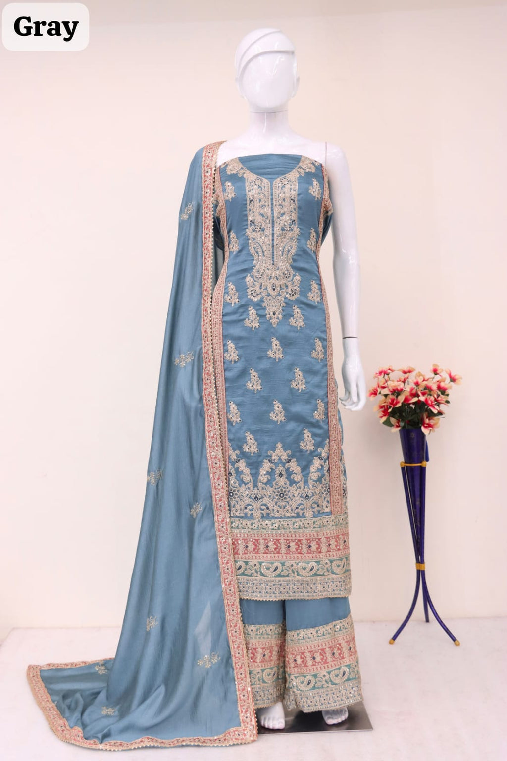 Anaita Grey Embroidered Silk Salwar Suit | Grocsy