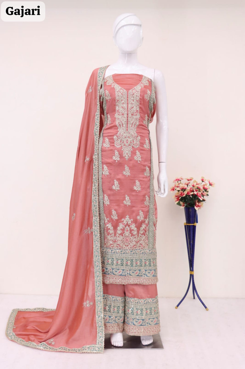 Anaita Peach Embroidered Silk Salwar Suit | Grocsy