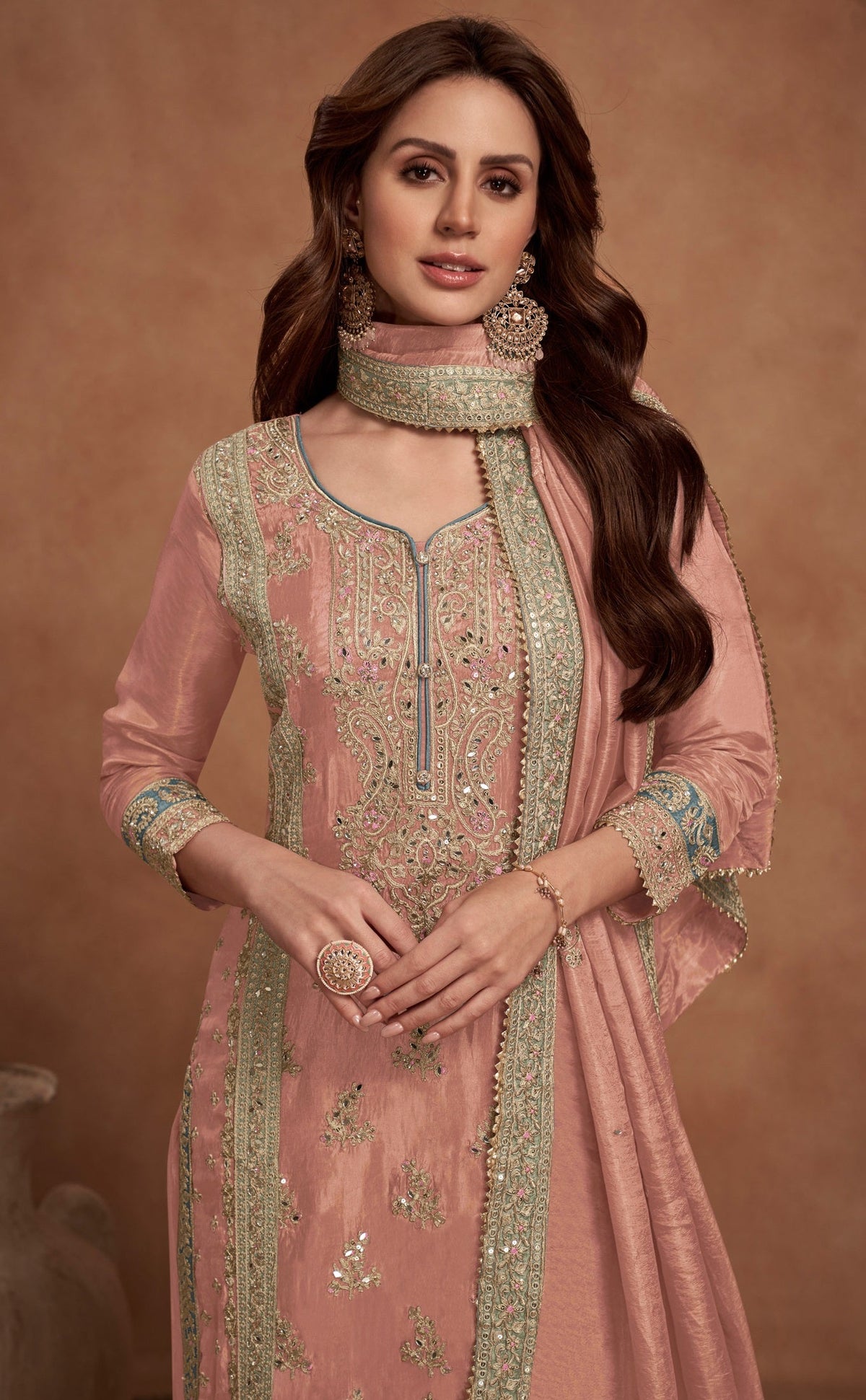 Anaita Peach Embroidered Silk Salwar Suit | Grocsy