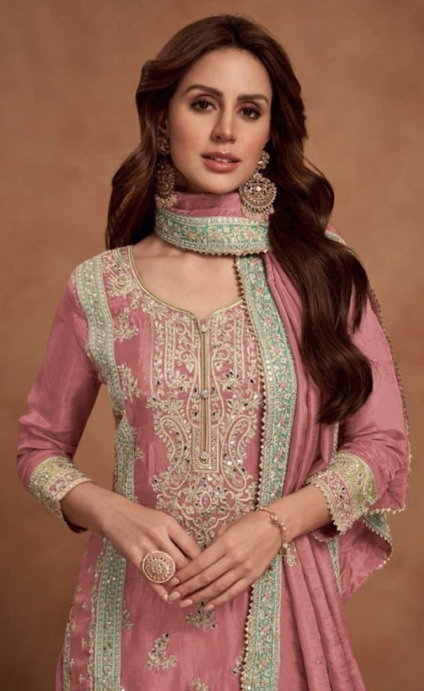 Anaita Dark Peach Embroidered Silk Salwar Suit | Grocsy