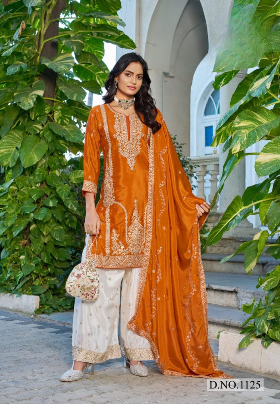Anaita Orange Chinon Stitched Plazzo Suit With Codding Dori & Sequence Work | Grocsy