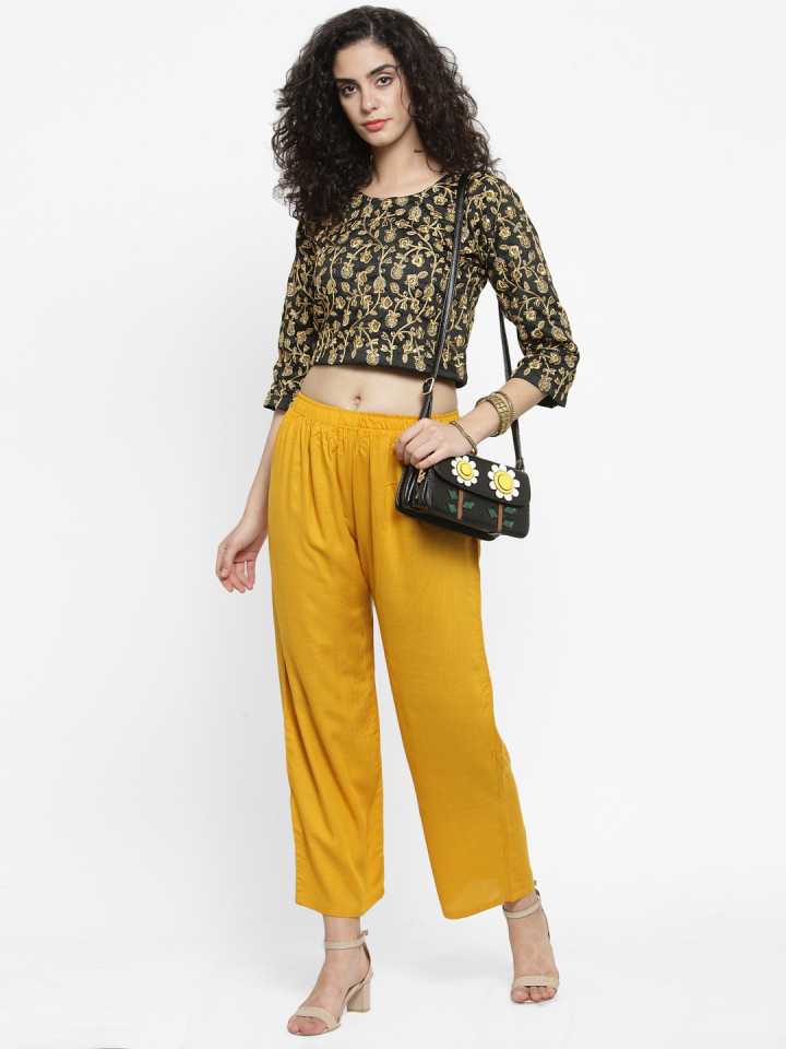 PAVONINE Mustard Color Straight Fit Rayon Fabric Palazzo For Women | Grocsy