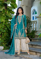Anaita Blue Chinon Stitched Plazzo Suit With Codding Dori & Sequence Work | Grocsy