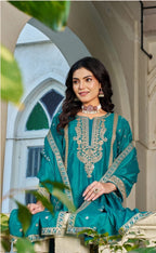 Anaita Blue Chinon Stitched Plazzo Suit With Codding Dori & Sequence Work | Grocsy