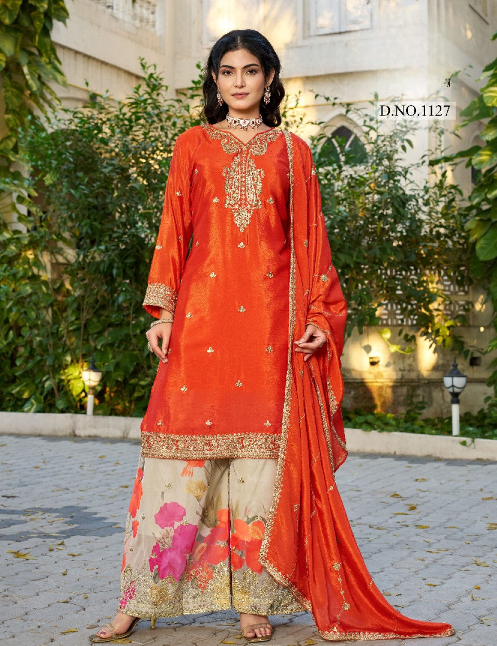 Anaita Orange Chinon Stitched Plazzo Suit With Codding Dori & Sequence Work | Grocsy
