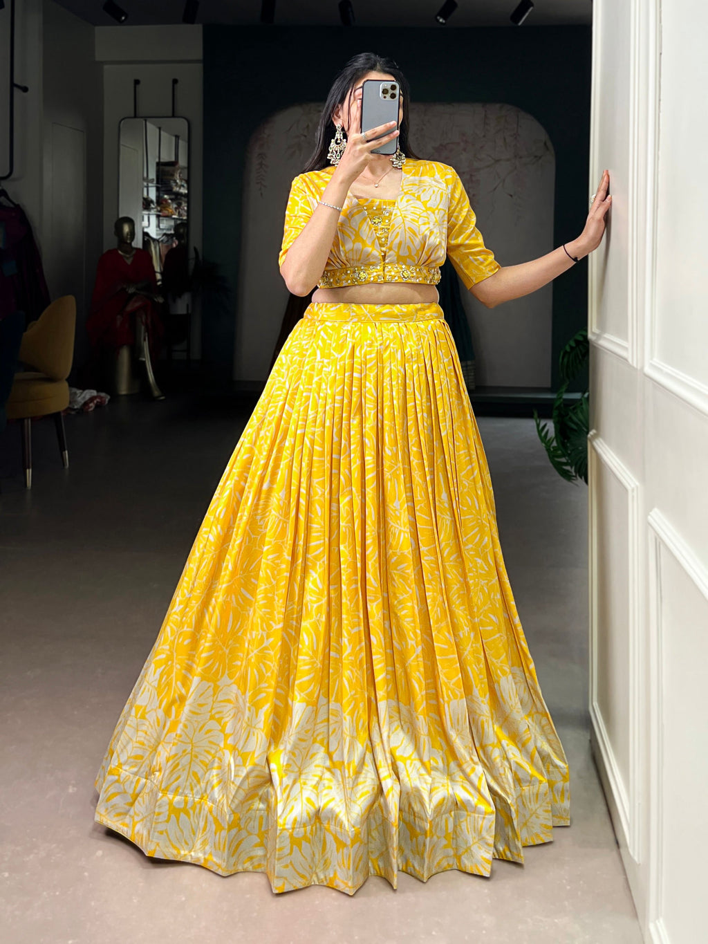Lorenvalley Fashion Yellow Tussar Silk Printed Lehenga Choli with Koti | Grocsy