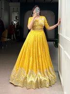 Lorenvalley Fashion Yellow Tussar Silk Printed Lehenga Choli with Koti | Grocsy