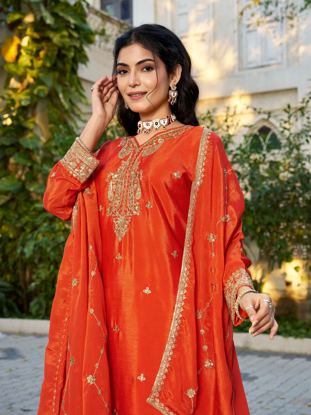 Anaita Orange Chinon Stitched Plazzo Suit With Codding Dori & Sequence Work | Grocsy