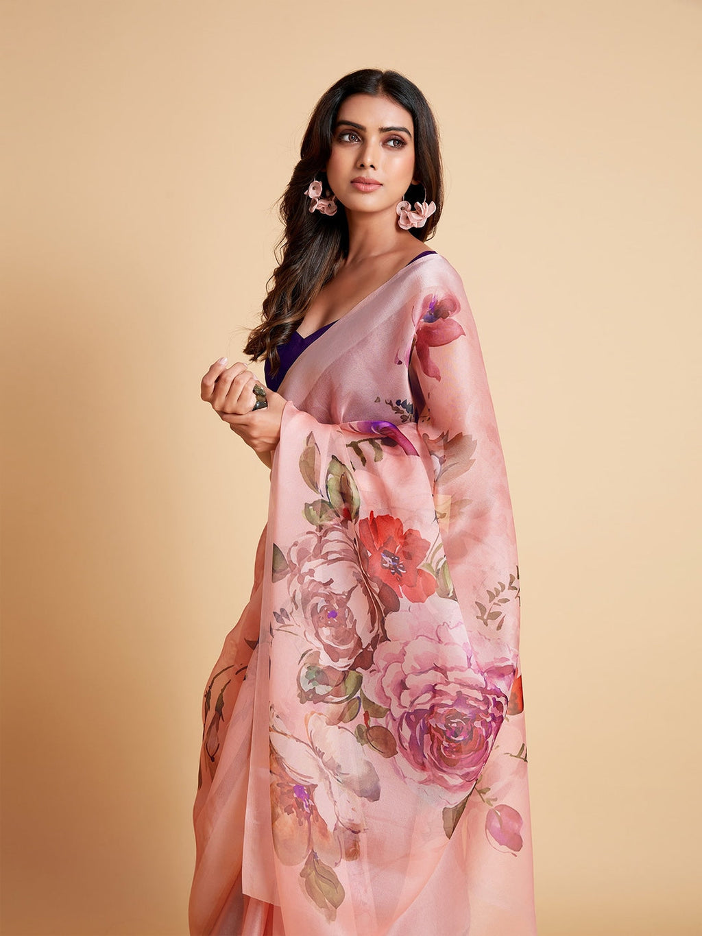 Sangria Peach-Coloured & Purple Floral Organza Saree | Grocsy