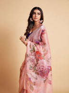 Sangria Peach-Coloured & Purple Floral Organza Saree | Grocsy