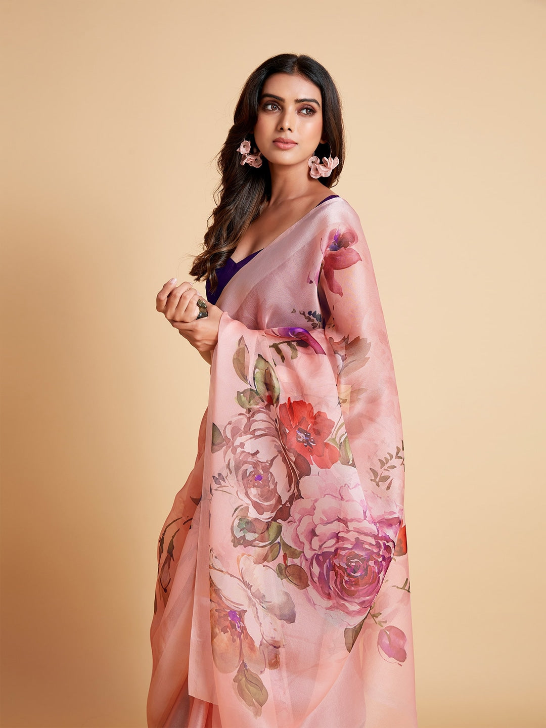 Sangria Peach-Coloured & Purple Floral Organza Saree | Grocsy