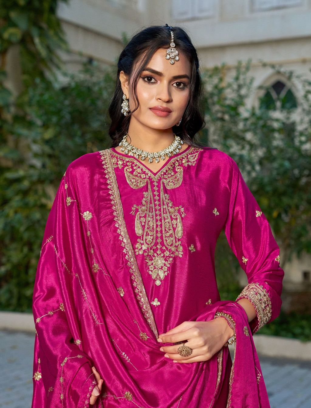 Anaita Hot Pink Chinon Stitched Plazo Suit With Coding Dori & Sequence Work | Grocsy