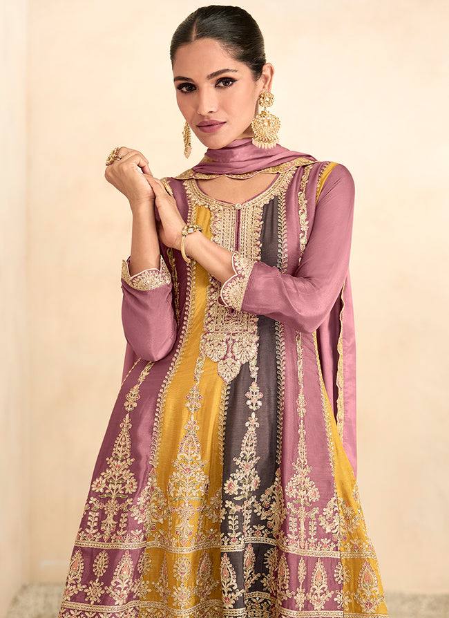 Lorenvalley Multicolor Chinon Embroidery With Sequince Work Salwar Kameez Stitched | Grocsy