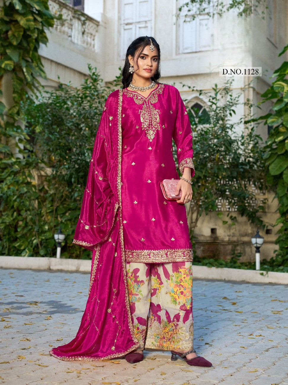 Anaita Hot Pink Chinon Stitched Plazo Suit With Coding Dori & Sequence Work | Grocsy