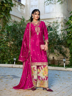 Anaita Hot Pink Chinon Stitched Plazo Suit With Coding Dori & Sequence Work | Grocsy